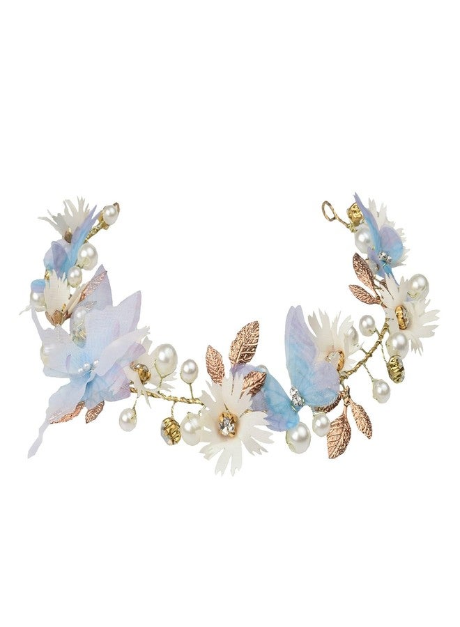 Vividsun Butterfly Headbands Flower Girl Hair Accessory with Pearls Butterfly Tiara for Christmas Birthday Cosplay Headpiece (Blue gold) - Image 1
